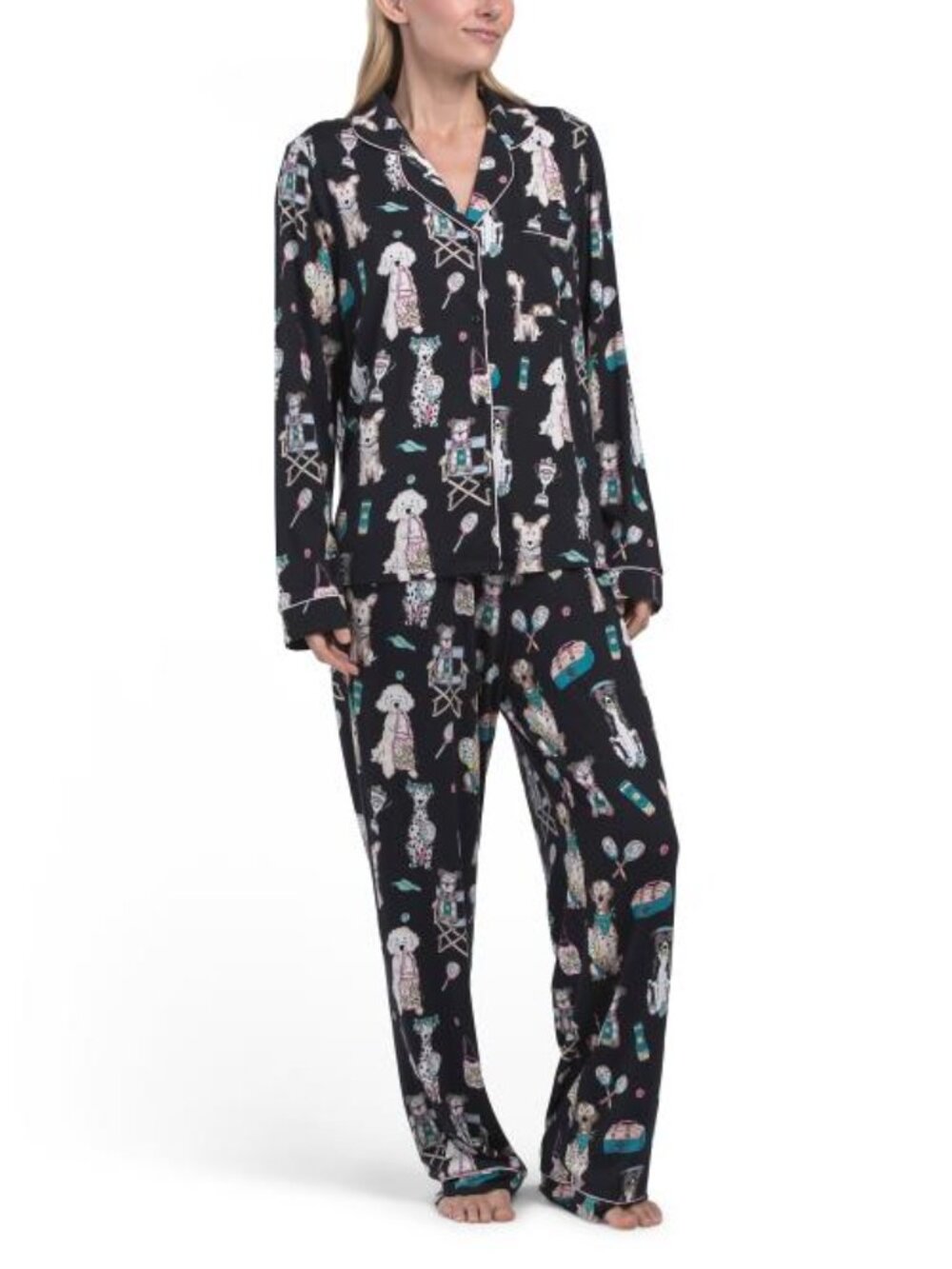 CHELSEA PEERS 2pc Tennis Dogs Long Sleeve Top And Pants Pajama Set